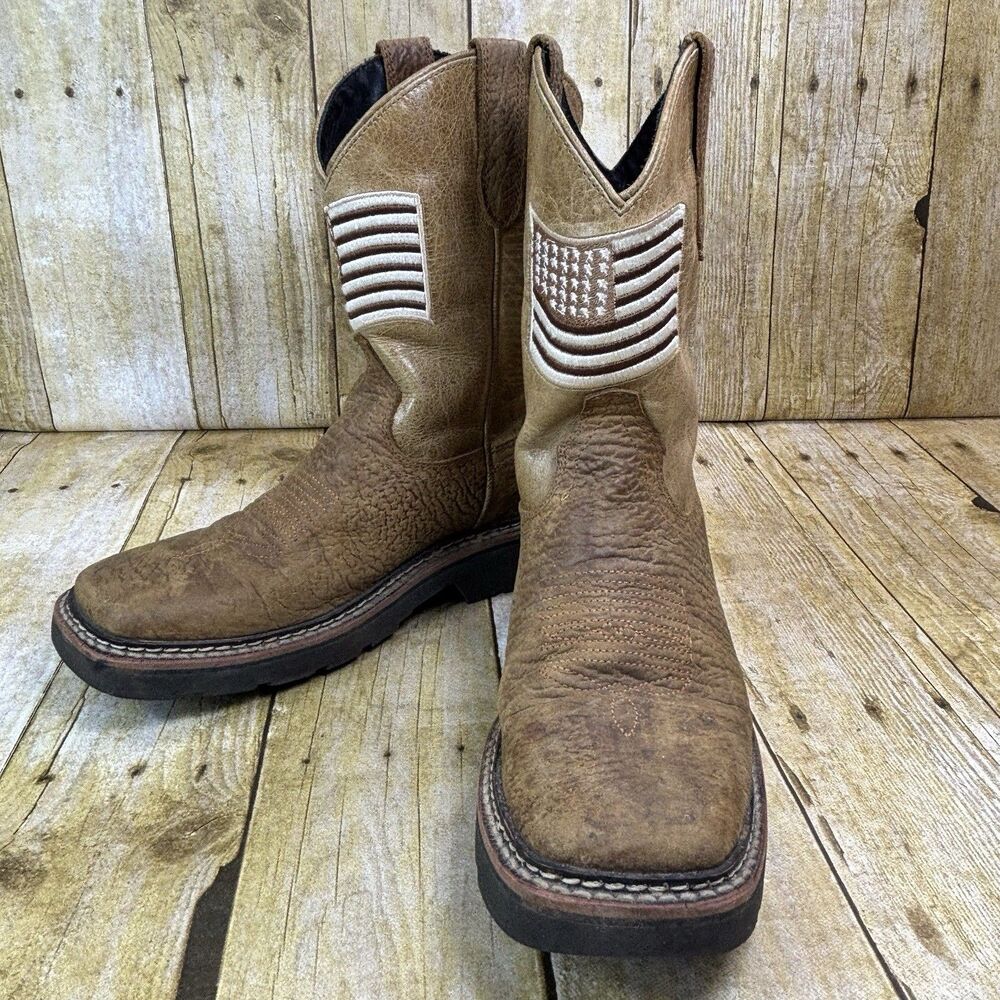 JB Dillon Reserve Womens 7 B Tan Leather American Flag Cowboy Boots JBR 2135